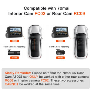 70mai Dash Cam 4K A800S GPS ADAS 70mai A800S Car DVR 2160P Support Rear or Interior Cam Recorder Car camera 24H Parking 140FOV